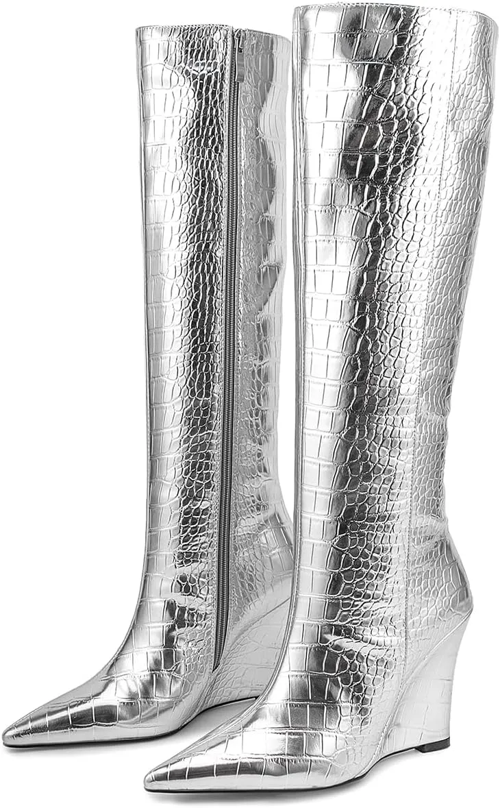 LEHOOR Women Wedge High Heel Knee High Boots Pointed Toe Side Zipper Combat Boots Patent Leather 4" Heels Crocodile Boots Tall Pointy Toe Wide Calf Dress Boots Fall Winter Sexy Fashion 5-14 M US