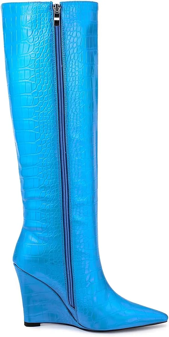 LEHOOR Women Wedge High Heel Knee High Boots Pointed Toe Side Zipper Combat Boots Patent Leather 4" Heels Crocodile Boots Tall Pointy Toe Wide Calf Dress Boots Fall Winter Sexy Fashion 5-14 M US