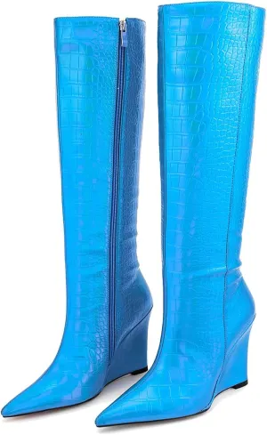 LEHOOR Women Wedge High Heel Knee High Boots Pointed Toe Side Zipper Combat Boots Patent Leather 4" Heels Crocodile Boots Tall Pointy Toe Wide Calf Dress Boots Fall Winter Sexy Fashion 5-14 M US