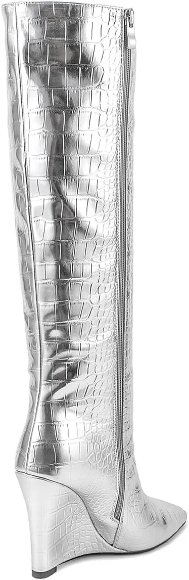 LEHOOR Women Wedge High Heel Knee High Boots Pointed Toe Side Zipper Combat Boots Patent Leather 4" Heels Crocodile Boots Tall Pointy Toe Wide Calf Dress Boots Fall Winter Sexy Fashion 5-14 M US