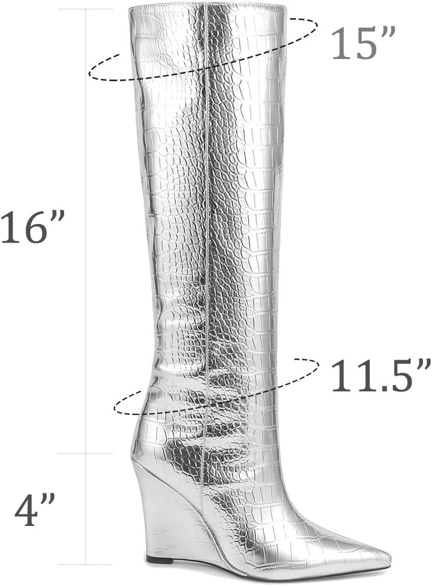LEHOOR Women Wedge High Heel Knee High Boots Pointed Toe Side Zipper Combat Boots Patent Leather 4" Heels Crocodile Boots Tall Pointy Toe Wide Calf Dress Boots Fall Winter Sexy Fashion 5-14 M US
