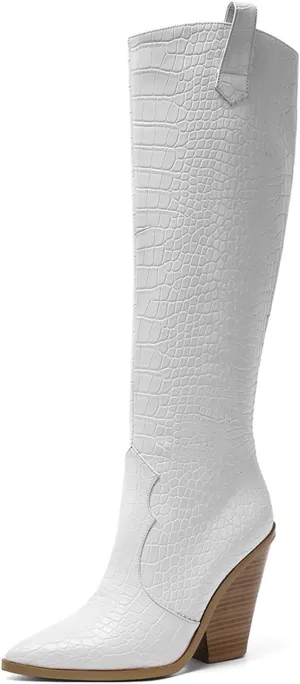 LEHOOR Women Western Knee High Boots Chunky Heel Pointed Toe Crocodile Cowboy Long Boots Side Zipper Sexy 4 Inch Stacked High Heel Tall Boots Cowgirl Mid Calf Animal Print Vintage Party 4-13 M US