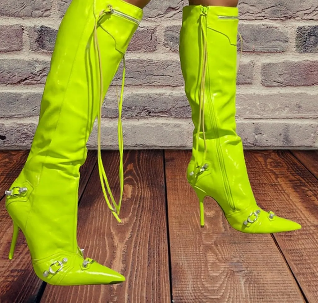 Liliana Womem Knee High Boots Pointed Toe Stiletto Heels Side Zipper Rivets Tassels Boots Bexie-3