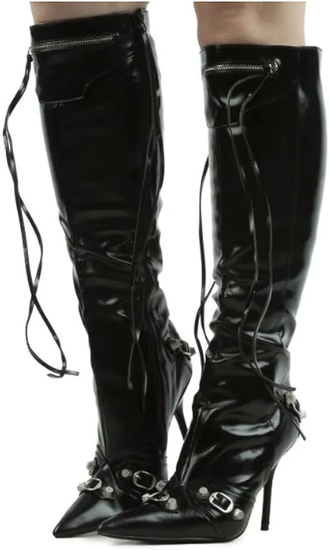 Liliana Womem Knee High Boots Pointed Toe Stiletto Heels Side Zipper Rivets Tassels Boots Bexie-3