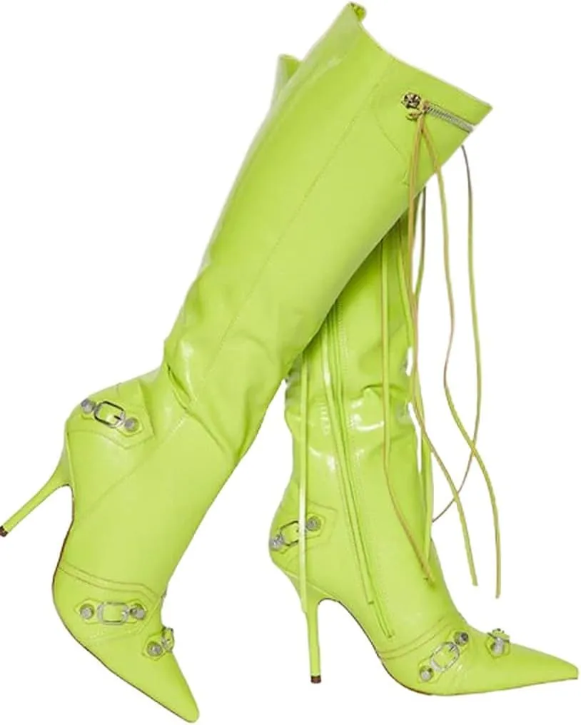 Liliana Womem Knee High Boots Pointed Toe Stiletto Heels Side Zipper Rivets Tassels Boots Bexie-3