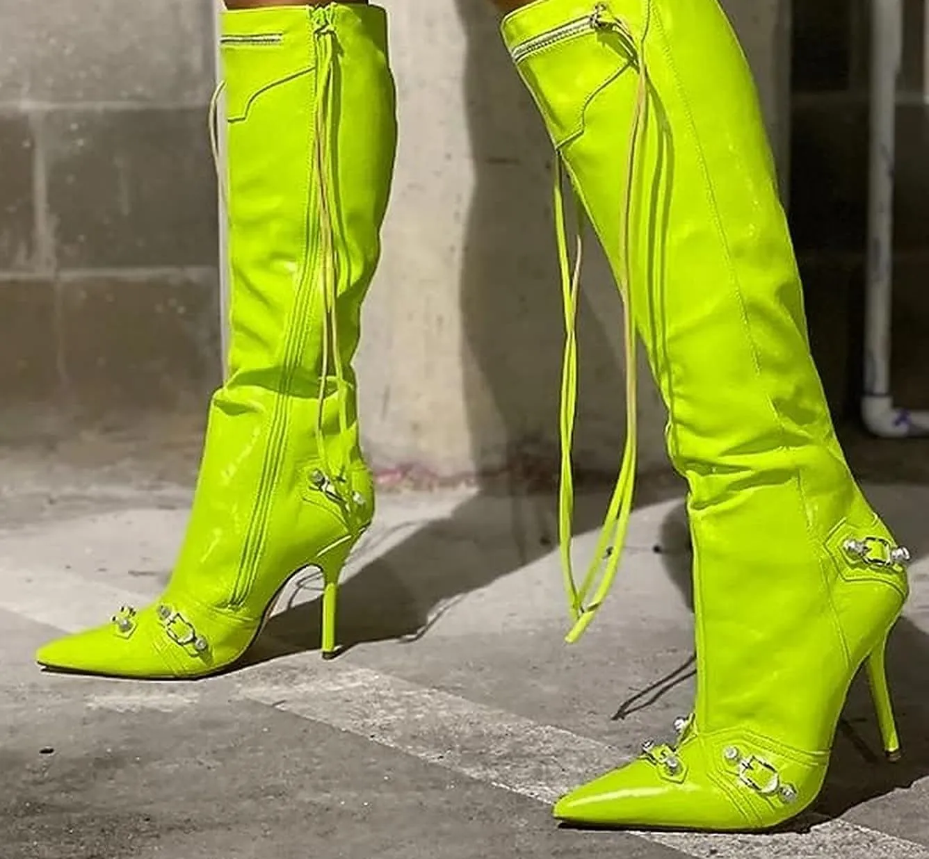 Liliana Womem Knee High Boots Pointed Toe Stiletto Heels Side Zipper Rivets Tassels Boots Bexie-3
