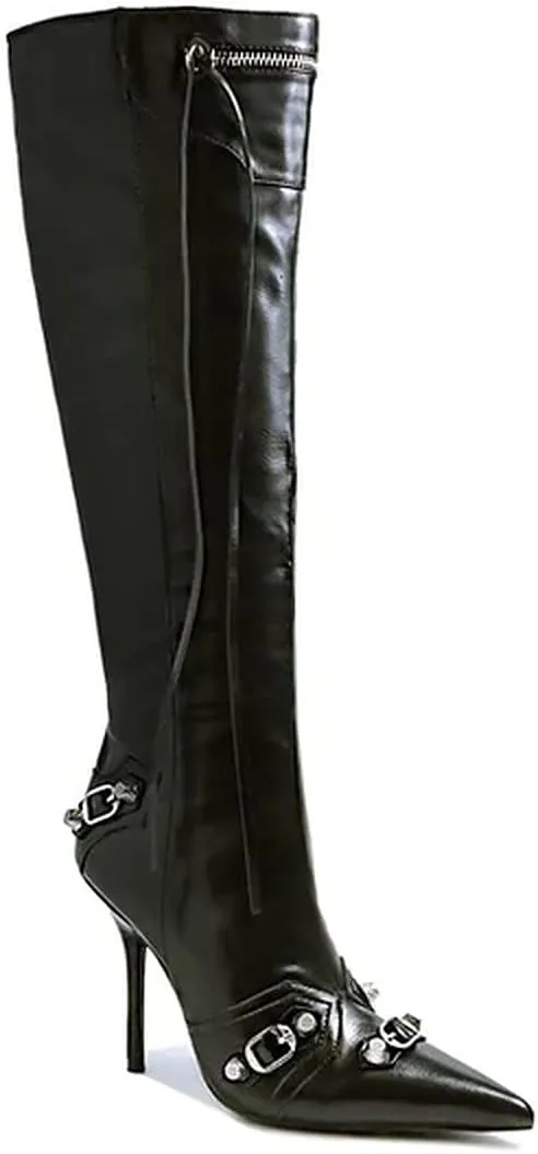 Liliana Womem Knee High Boots Pointed Toe Stiletto Heels Side Zipper Rivets Tassels Boots Bexie-3