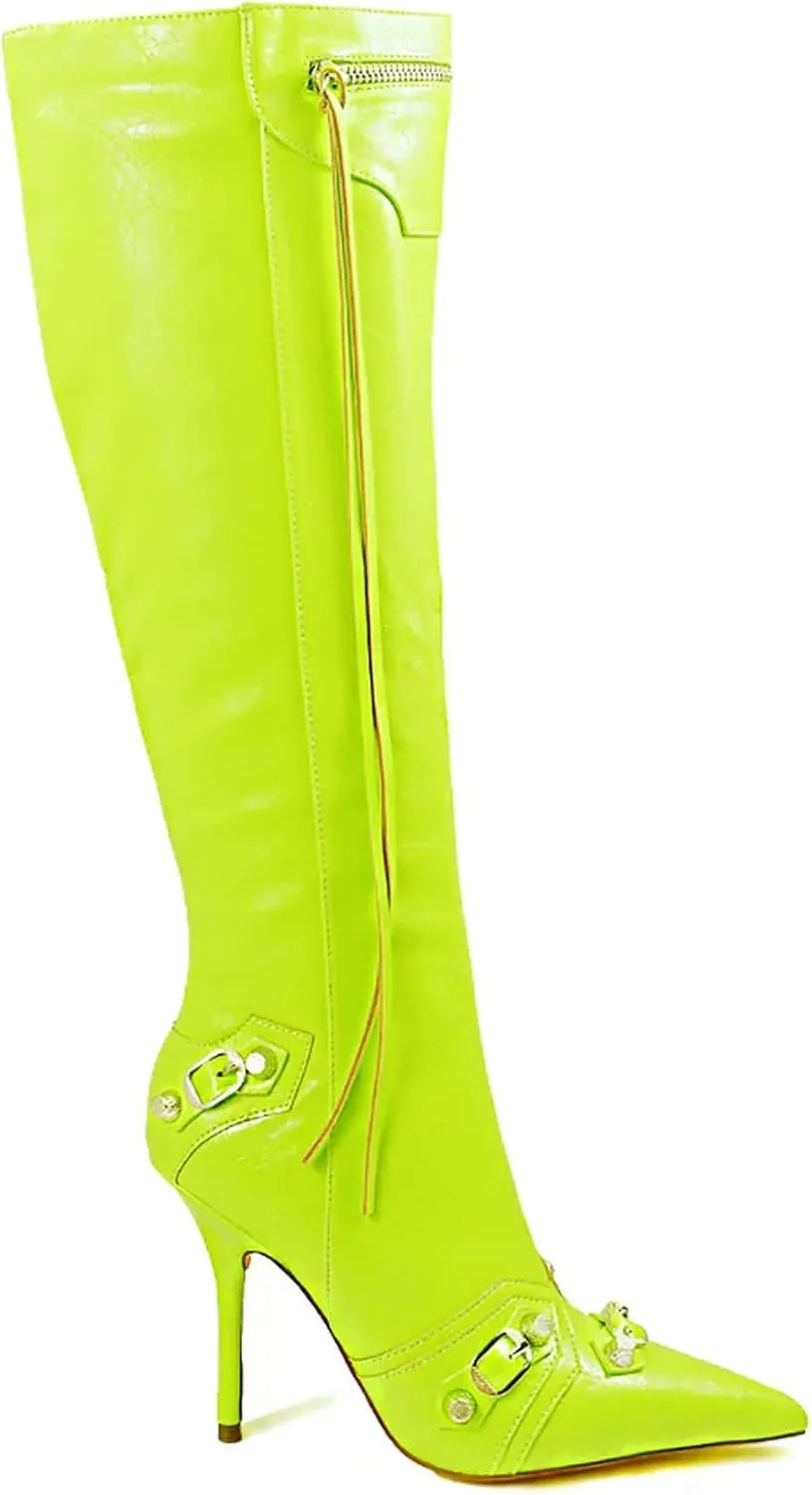 Liliana Womem Knee High Boots Pointed Toe Stiletto Heels Side Zipper Rivets Tassels Boots Bexie-3