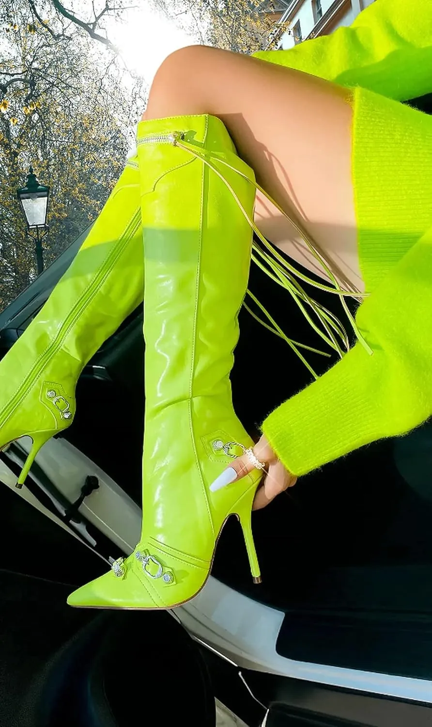 Liliana Womem Knee High Boots Pointed Toe Stiletto Heels Side Zipper Rivets Tassels Boots Bexie-3