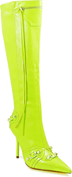 Liliana Womem Knee High Boots Pointed Toe Stiletto Heels Side Zipper Rivets Tassels Boots Bexie-3