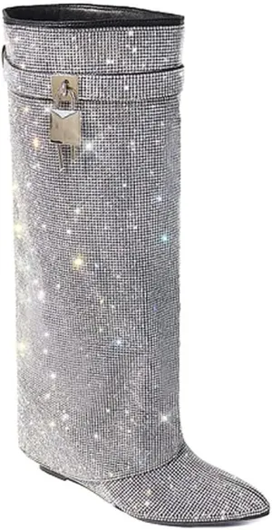 Liliana Women Rhinestone boots Fold over boots Knee high Wedge Heel Pointed Toe Pull-On Tall Boots MUTTO-1 C