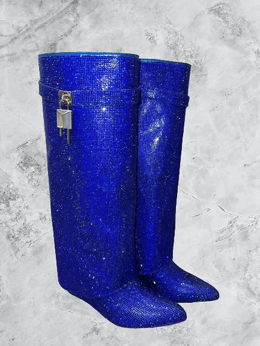 Liliana Women Rhinestone boots Fold over boots Knee high Wedge Heel Pointed Toe Pull-On Tall Boots MUTTO-1 C