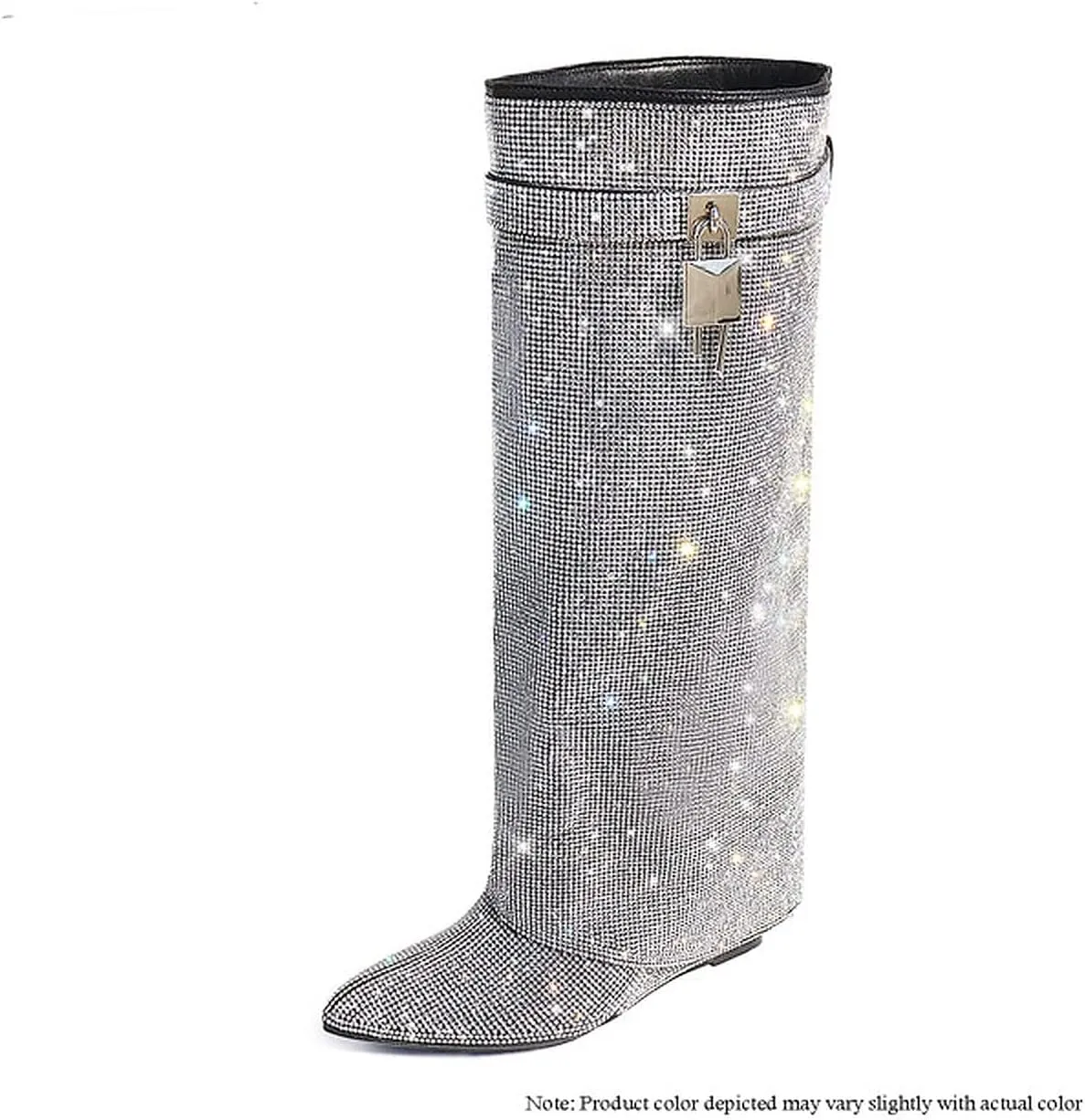 Liliana Women Rhinestone boots Fold over boots Knee high Wedge Heel Pointed Toe Pull-On Tall Boots MUTTO-1 C
