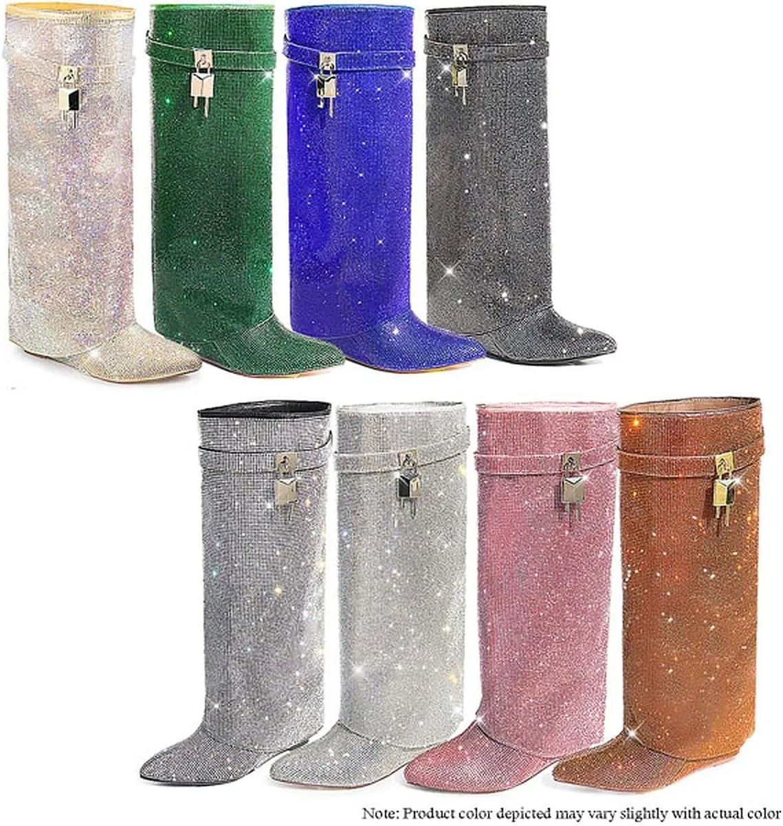 Liliana Women Rhinestone boots Fold over boots Knee high Wedge Heel Pointed Toe Pull-On Tall Boots MUTTO-1 C