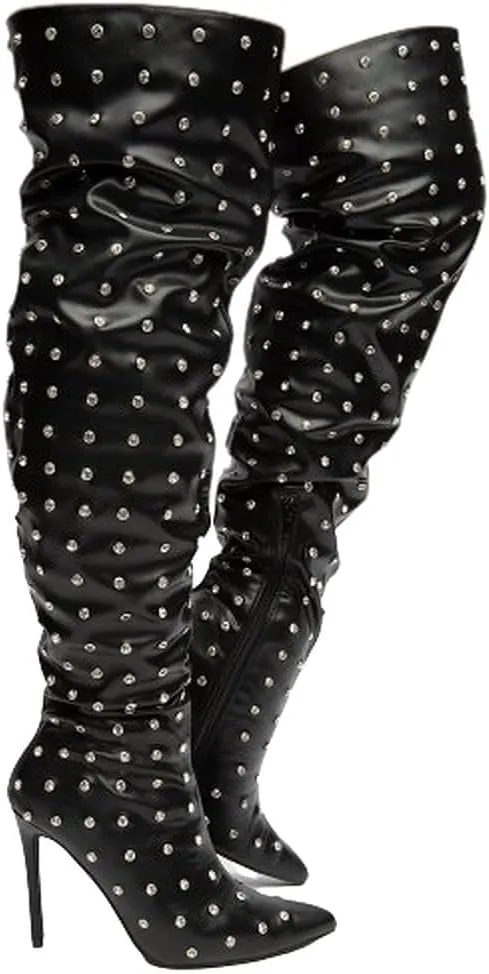 Liliana Women Rhinestone Stiletto Heel Over the Knee Thigh High Fashion Boots