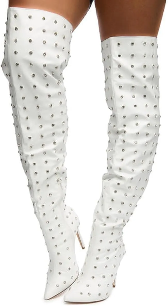 Liliana Women Rhinestone Stiletto Heel Over the Knee Thigh High Fashion Boots