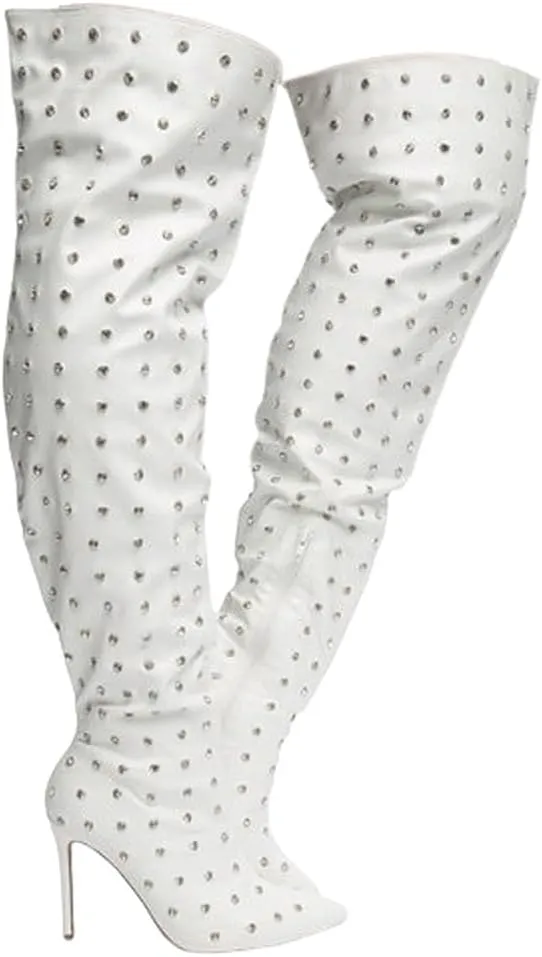 Liliana Women Rhinestone Stiletto Heel Over the Knee Thigh High Fashion Boots