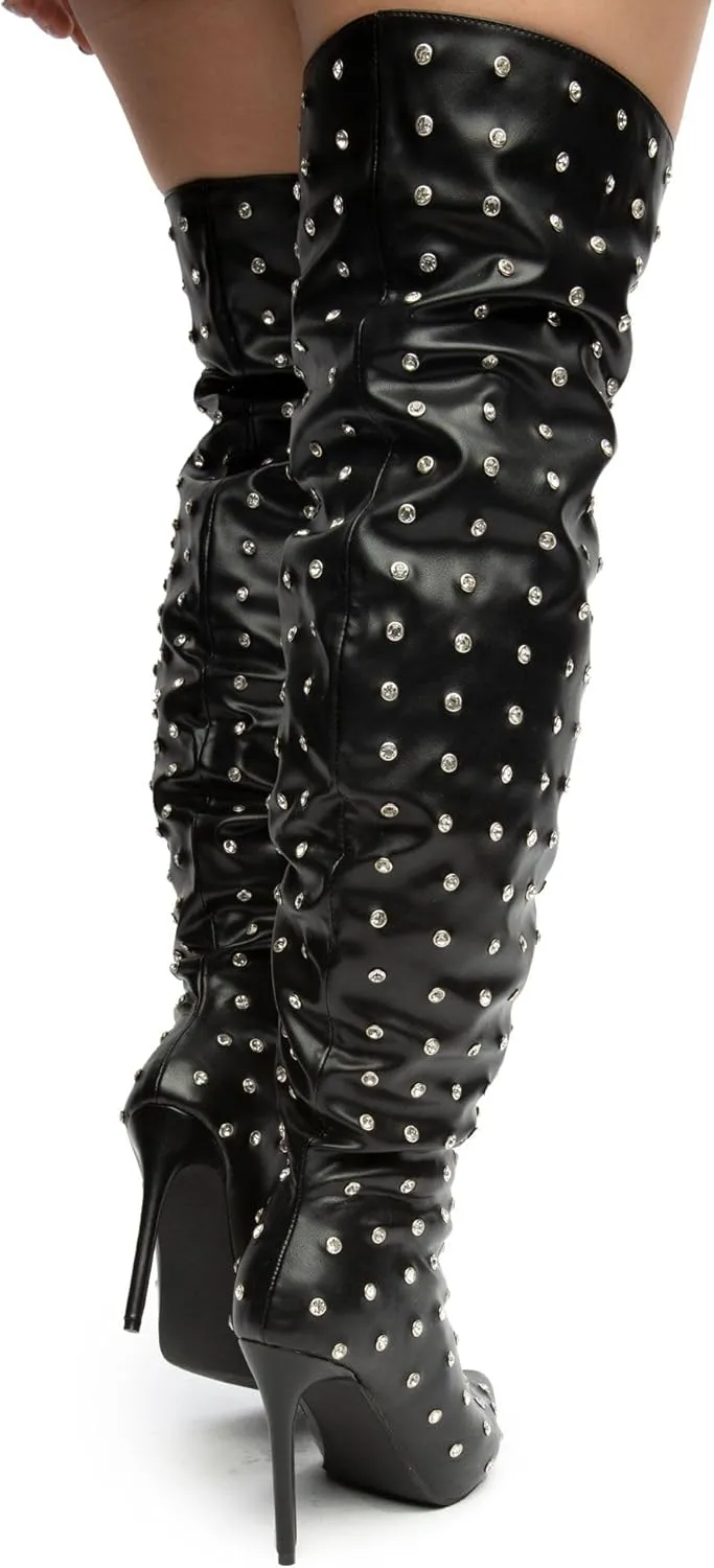 Liliana Women Rhinestone Stiletto Heel Over the Knee Thigh High Fashion Boots