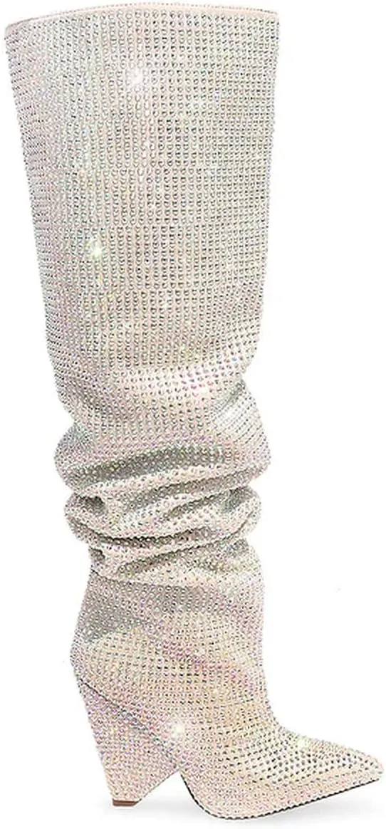 Liliana Women's Pointed Toe Fashion Rhinestones Boots Over Knee High Slouch Pull On Boots