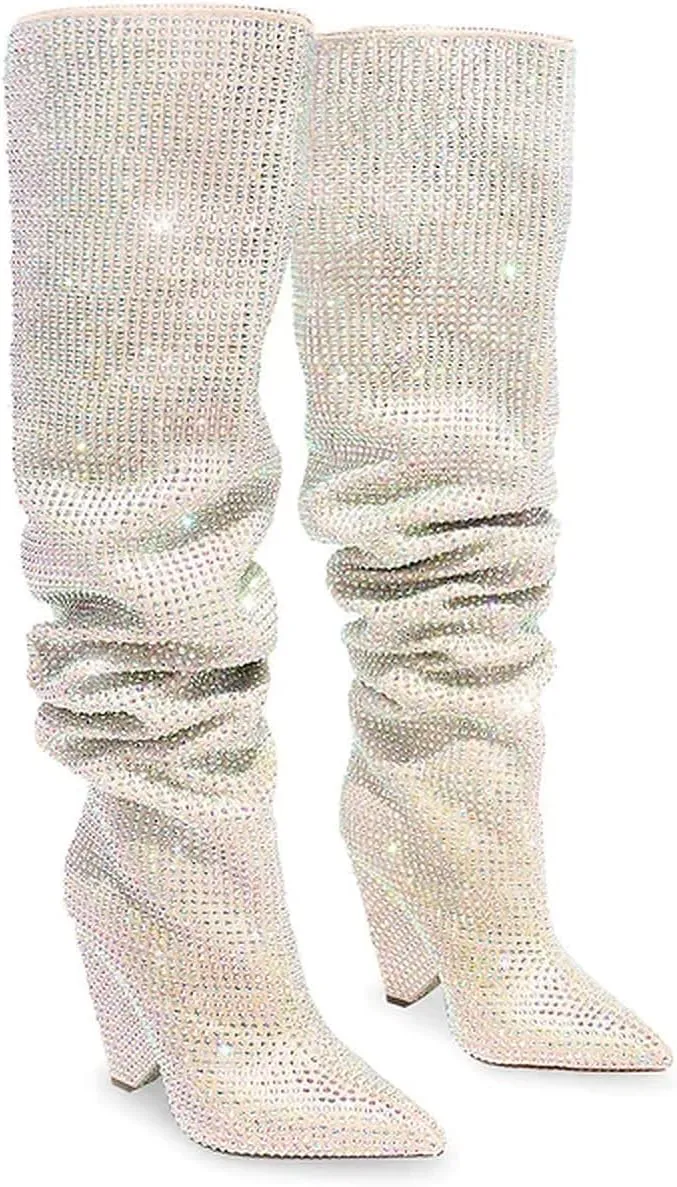 Liliana Women's Pointed Toe Fashion Rhinestones Boots Over Knee High Slouch Pull On Boots