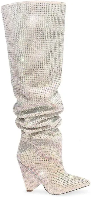 Liliana Women's Pointed Toe Fashion Rhinestones Boots Over Knee High Slouch Pull On Boots