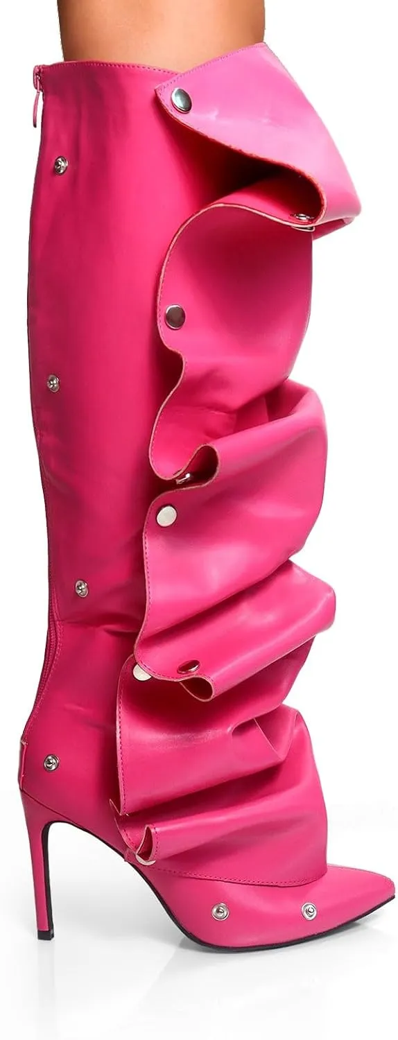 Liliana Women's Pointed Toe Stiletto High Heels Pleated Button Detachable Fold Over Slouchy Fashion Boots (RUNS SMALL)