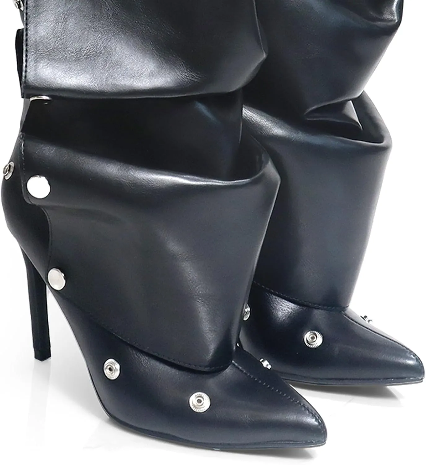Liliana Women's Pointed Toe Stiletto High Heels Pleated Button Detachable Fold Over Slouchy Fashion Boots (RUNS SMALL)