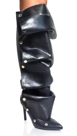Liliana Women's Pointed Toe Stiletto High Heels Pleated Button Detachable Fold Over Slouchy Fashion Boots (RUNS SMALL)