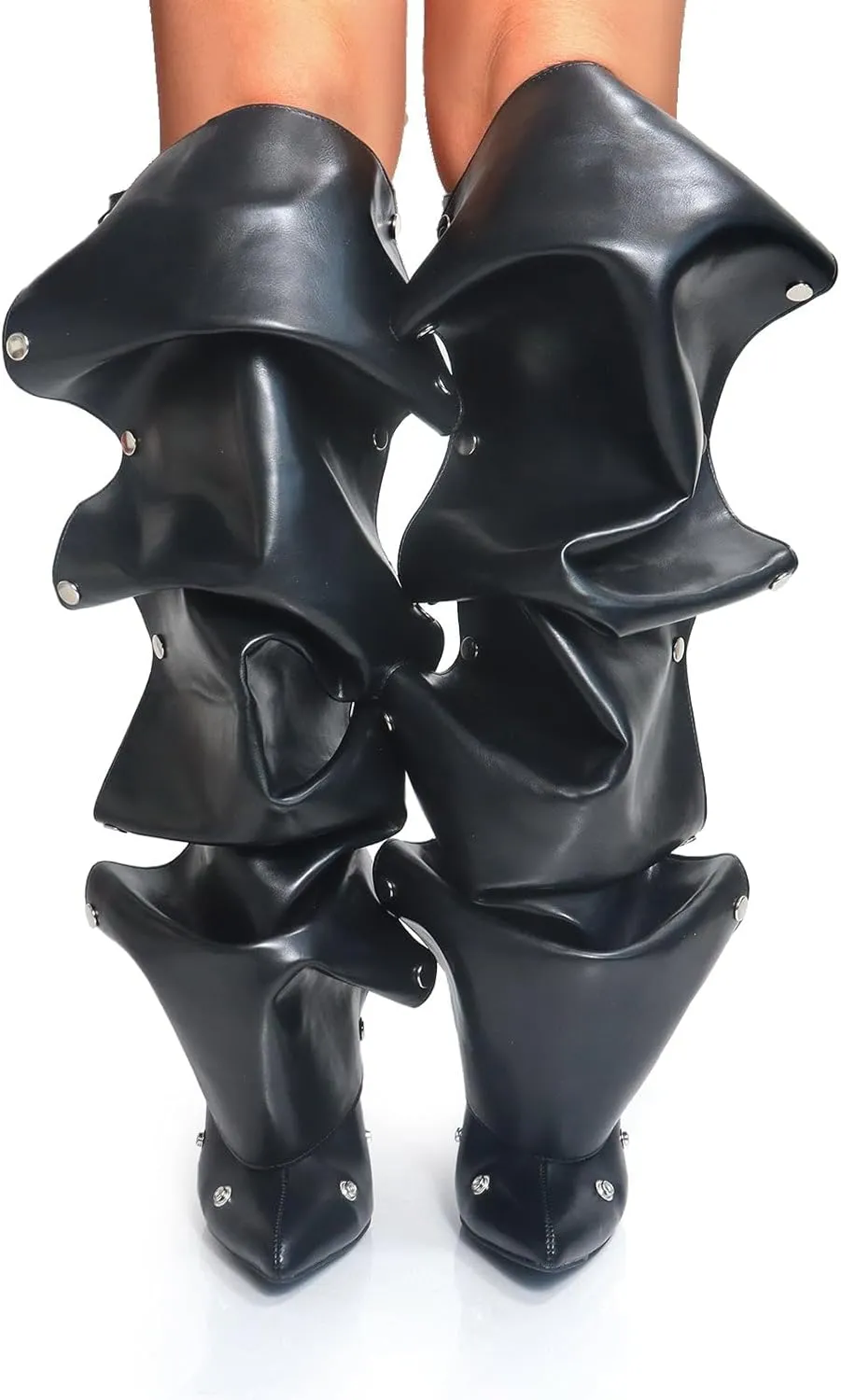 Liliana Women's Pointed Toe Stiletto High Heels Pleated Button Detachable Fold Over Slouchy Fashion Boots (RUNS SMALL)