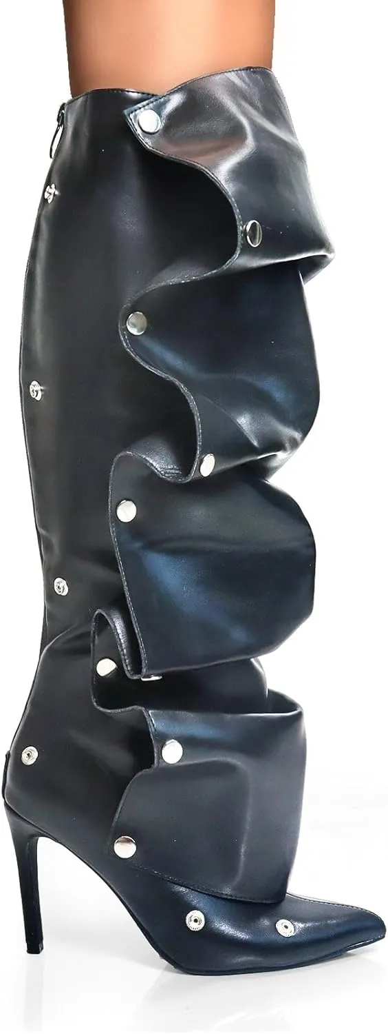 Liliana Women's Pointed Toe Stiletto High Heels Pleated Button Detachable Fold Over Slouchy Fashion Boots (RUNS SMALL)