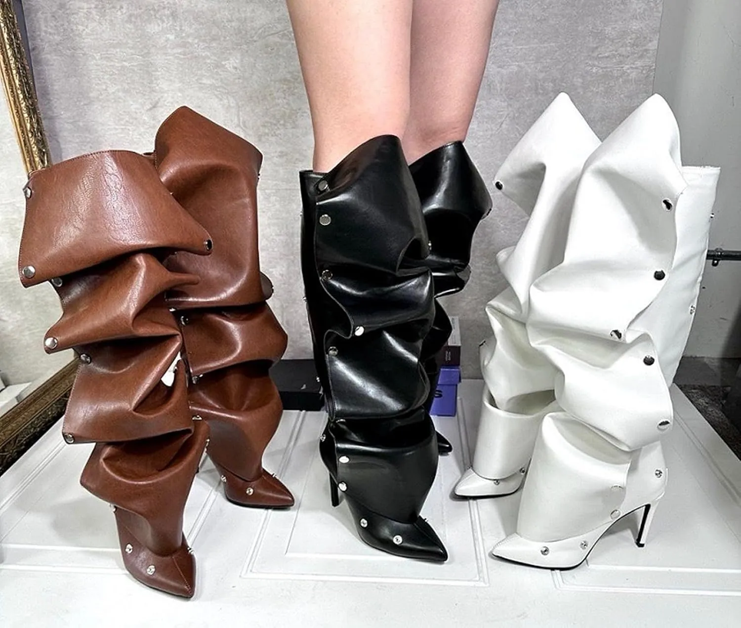 Liliana Women's Pointed Toe Stiletto High Heels Pleated Button Detachable Fold Over Slouchy Fashion Boots (RUNS SMALL)