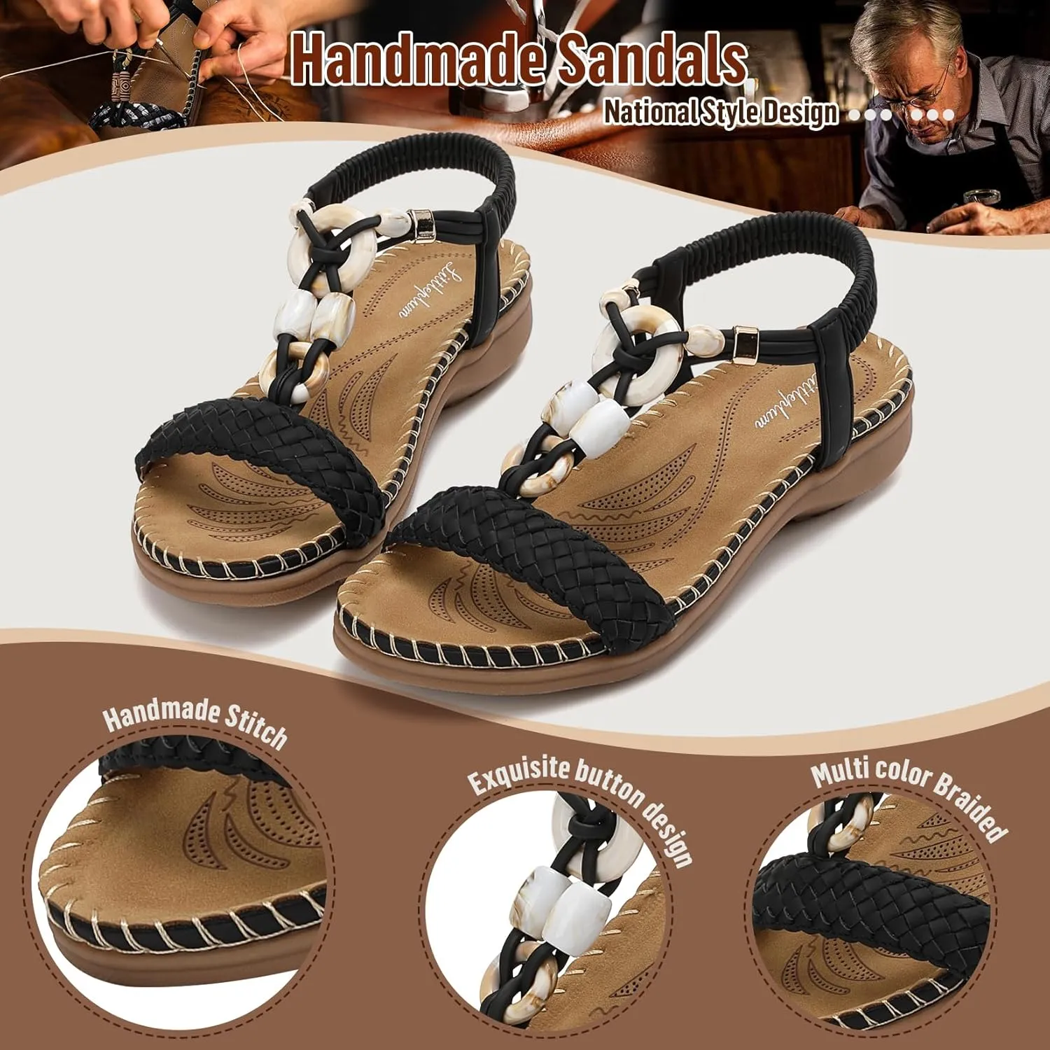 Littleplum Women Sandals Arch Support Handmade Bohemian Braided Flat Sandals Comfort Walking Beach Ankle Elastic Summer Shoes