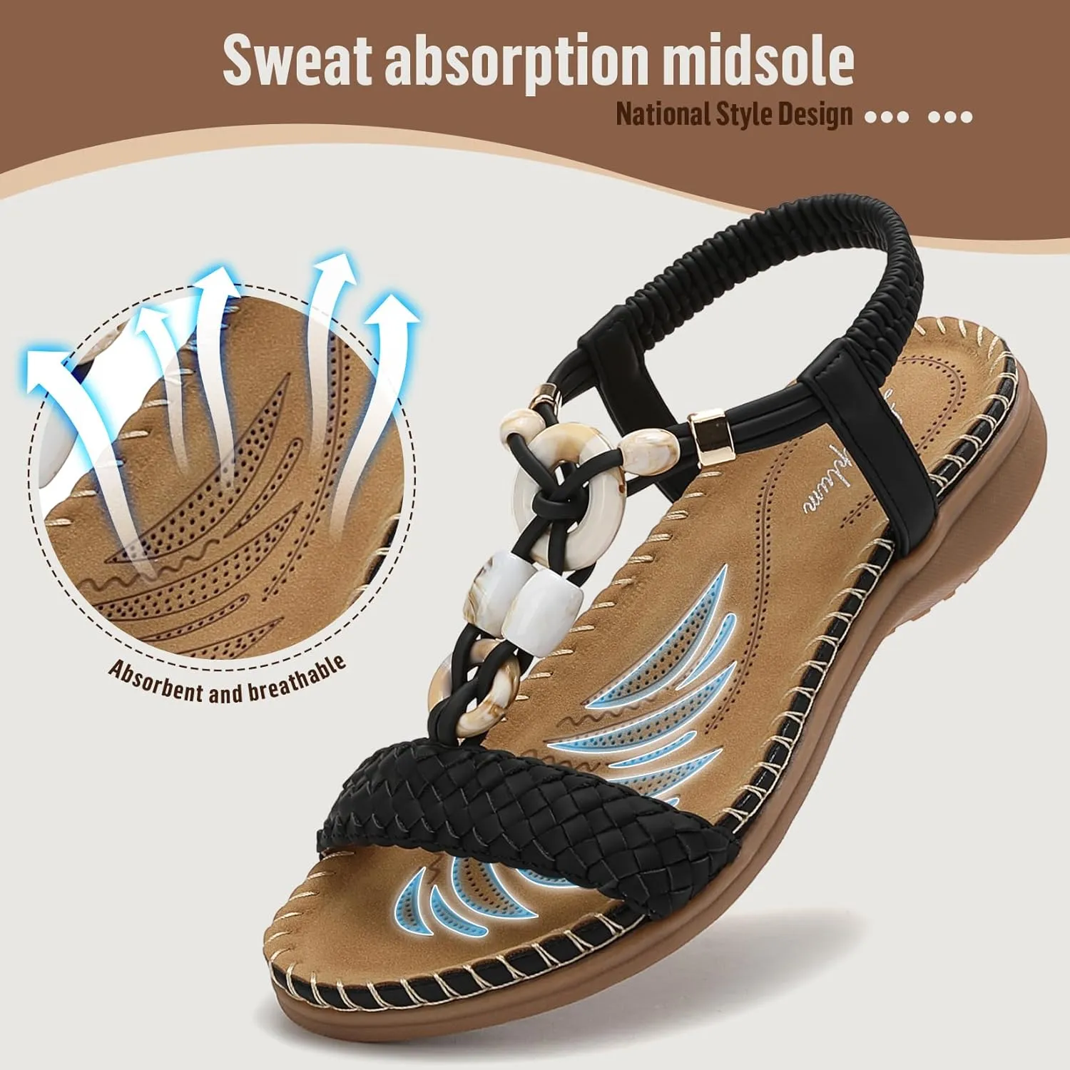 Littleplum Women Sandals Arch Support Handmade Bohemian Braided Flat Sandals Comfort Walking Beach Ankle Elastic Summer Shoes