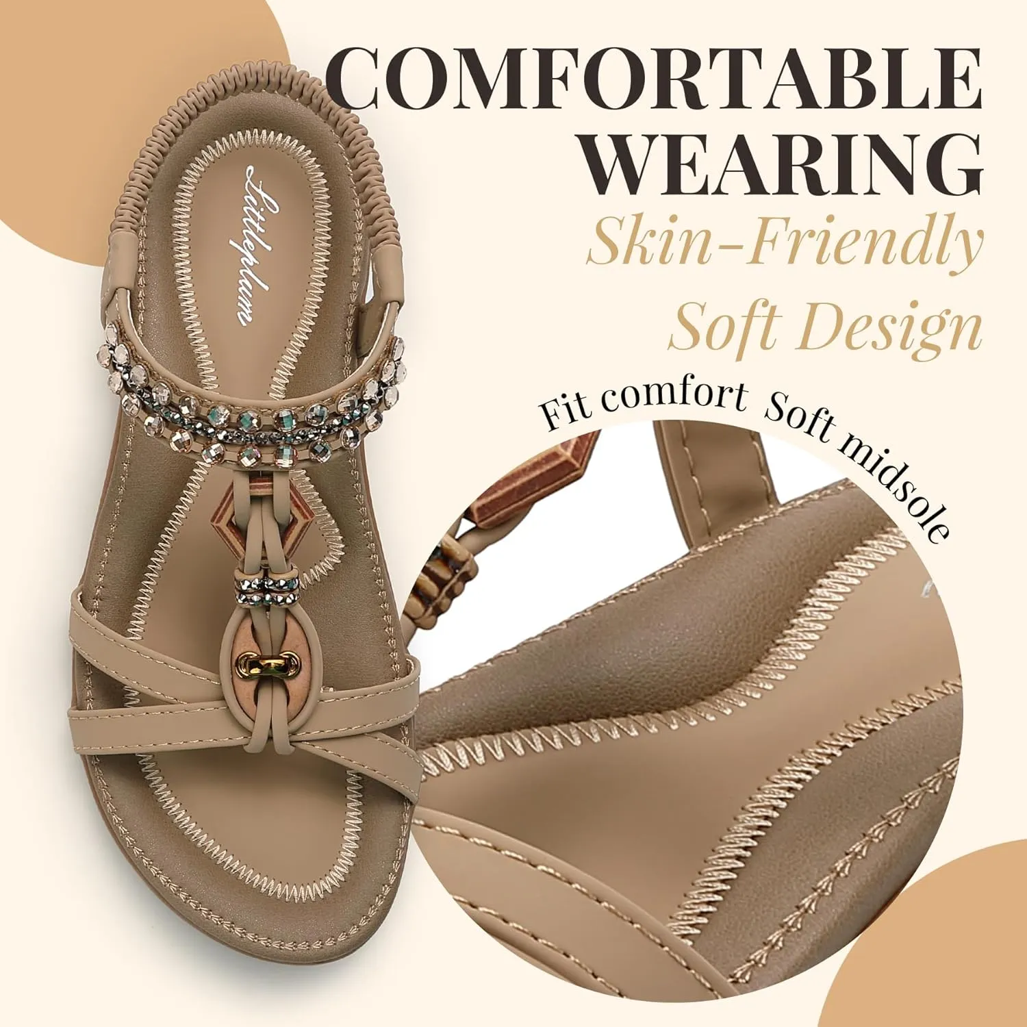 Littleplum Womens Sandals Arch Support Slingback Rhinestone Dressy Sandals Comfort Summer Shoes Ankle Strap Elastic Flats for Beach Walking