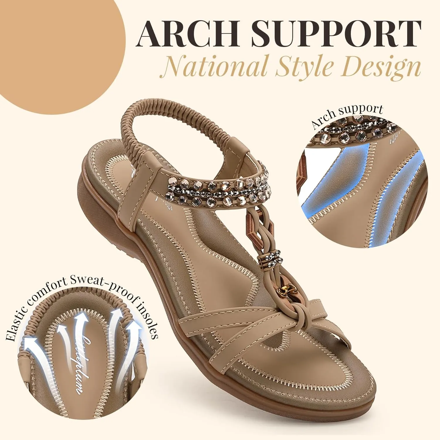 Littleplum Womens Sandals Arch Support Slingback Rhinestone Dressy Sandals Comfort Summer Shoes Ankle Strap Elastic Flats for Beach Walking