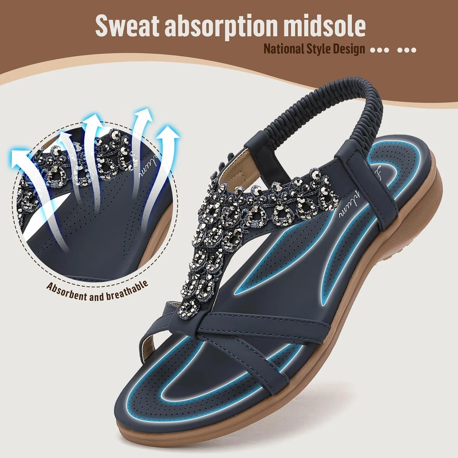 Littleplum Womens Sandals Arch Support Slingback Rhinestone Dressy Sandals Comfort Summer Shoes Ankle Strap Elastic Flats for Beach Walking