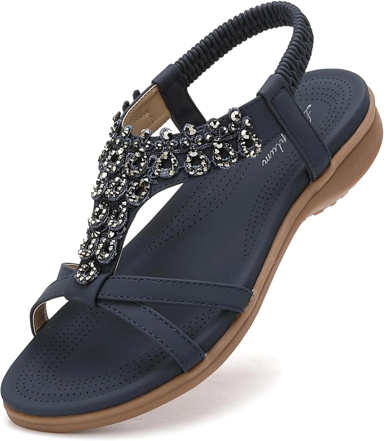 Littleplum Womens Sandals Arch Support Slingback Rhinestone Dressy Sandals Comfort Summer Shoes Ankle Strap Elastic Flats for Beach Walking