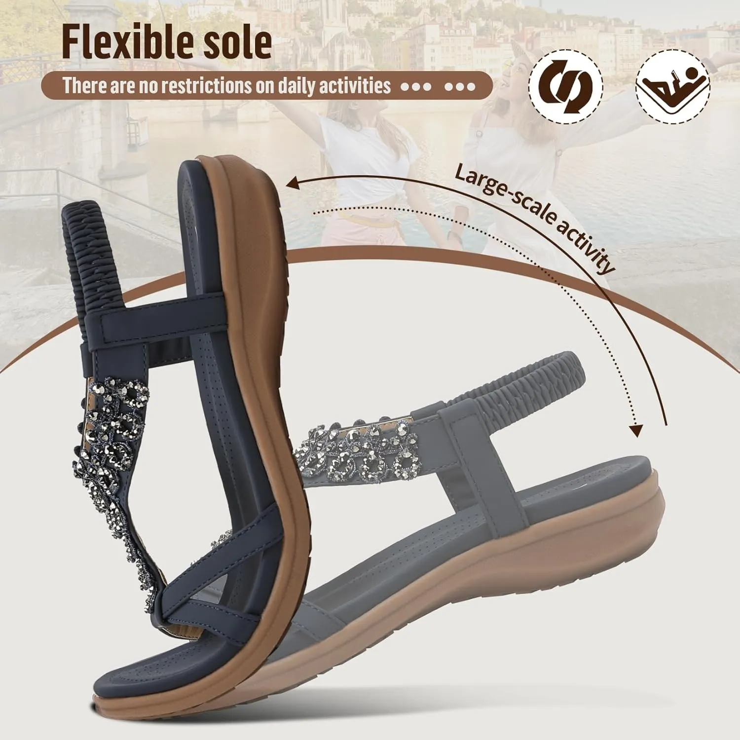 Littleplum Womens Sandals Arch Support Slingback Rhinestone Dressy Sandals Comfort Summer Shoes Ankle Strap Elastic Flats for Beach Walking