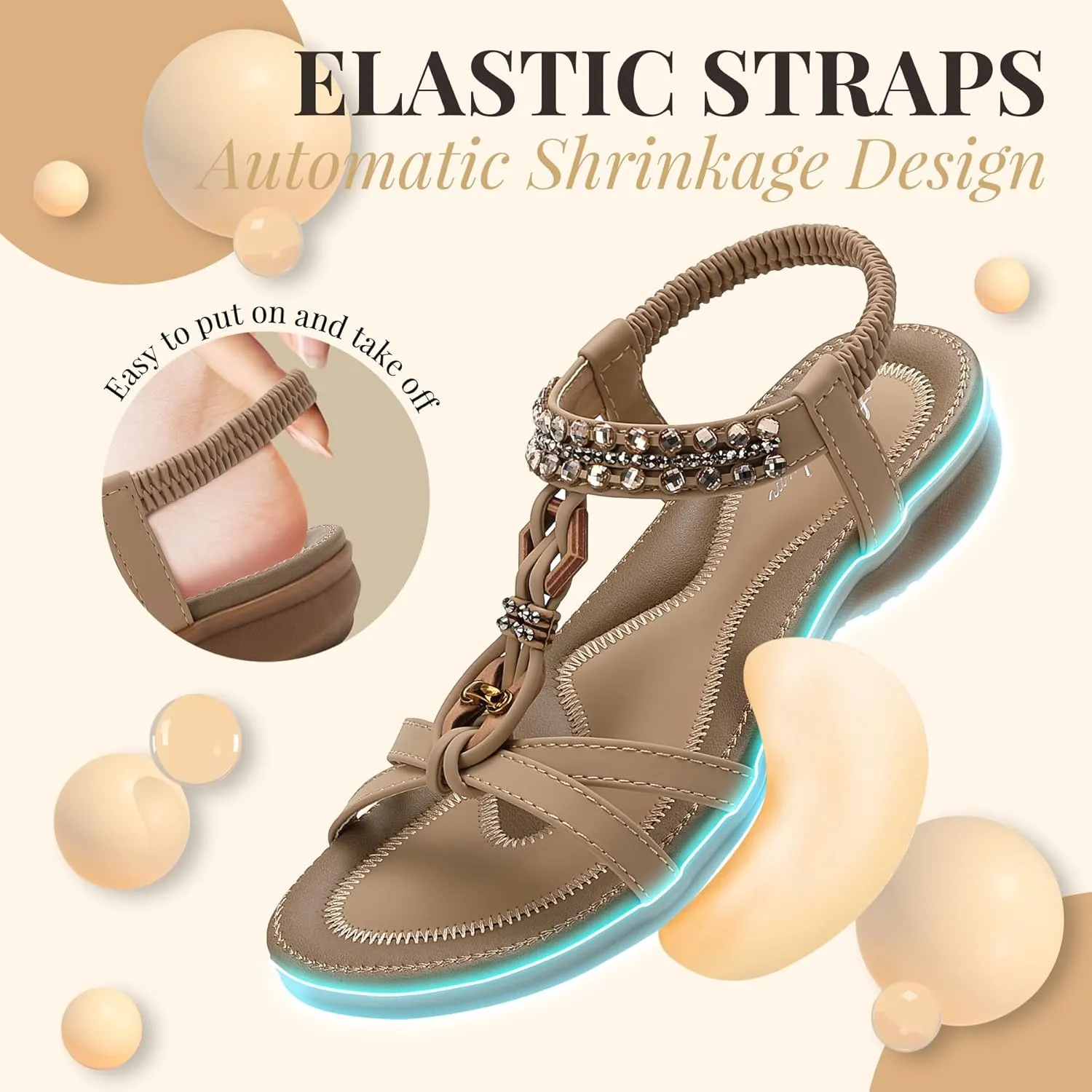 Littleplum Womens Sandals Arch Support Slingback Rhinestone Dressy Sandals Comfort Summer Shoes Ankle Strap Elastic Flats for Beach Walking