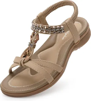Littleplum Womens Sandals Arch Support Slingback Rhinestone Dressy Sandals Comfort Summer Shoes Ankle Strap Elastic Flats for Beach Walking