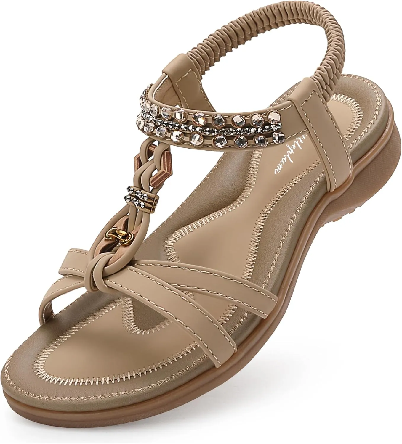 Littleplum Womens Sandals Arch Support Slingback Rhinestone Dressy Sandals Comfort Summer Shoes Ankle Strap Elastic Flats for Beach Walking