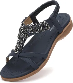Littleplum Womens Sandals Arch Support Slingback Rhinestone Dressy Sandals Comfort Summer Shoes Ankle Strap Elastic Flats for Beach Walking