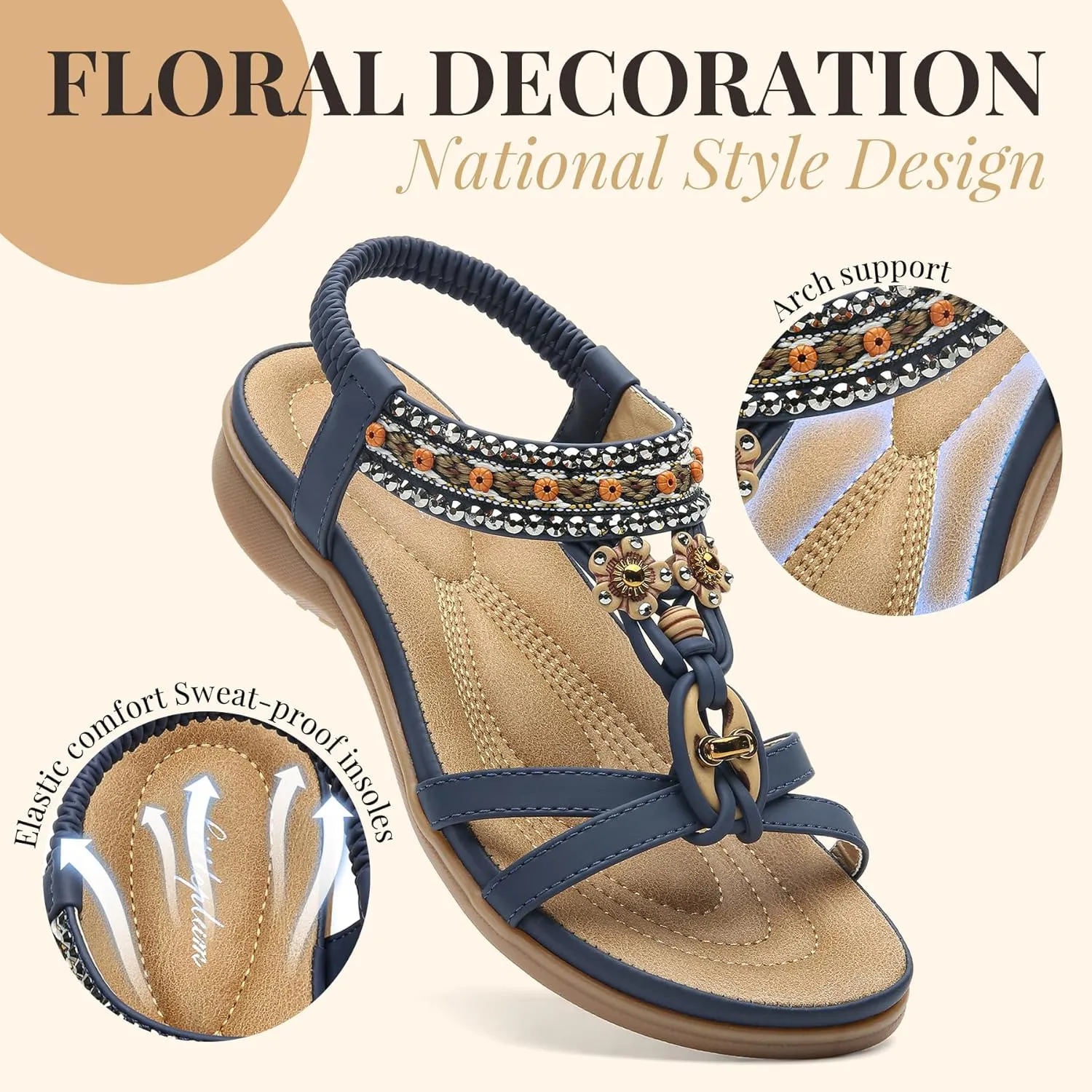 Littleplum Womens Sandals Arch Support Summer Beach Sandals Comfort Walking Shoes Bohemian Flip Flops Sandals for Women