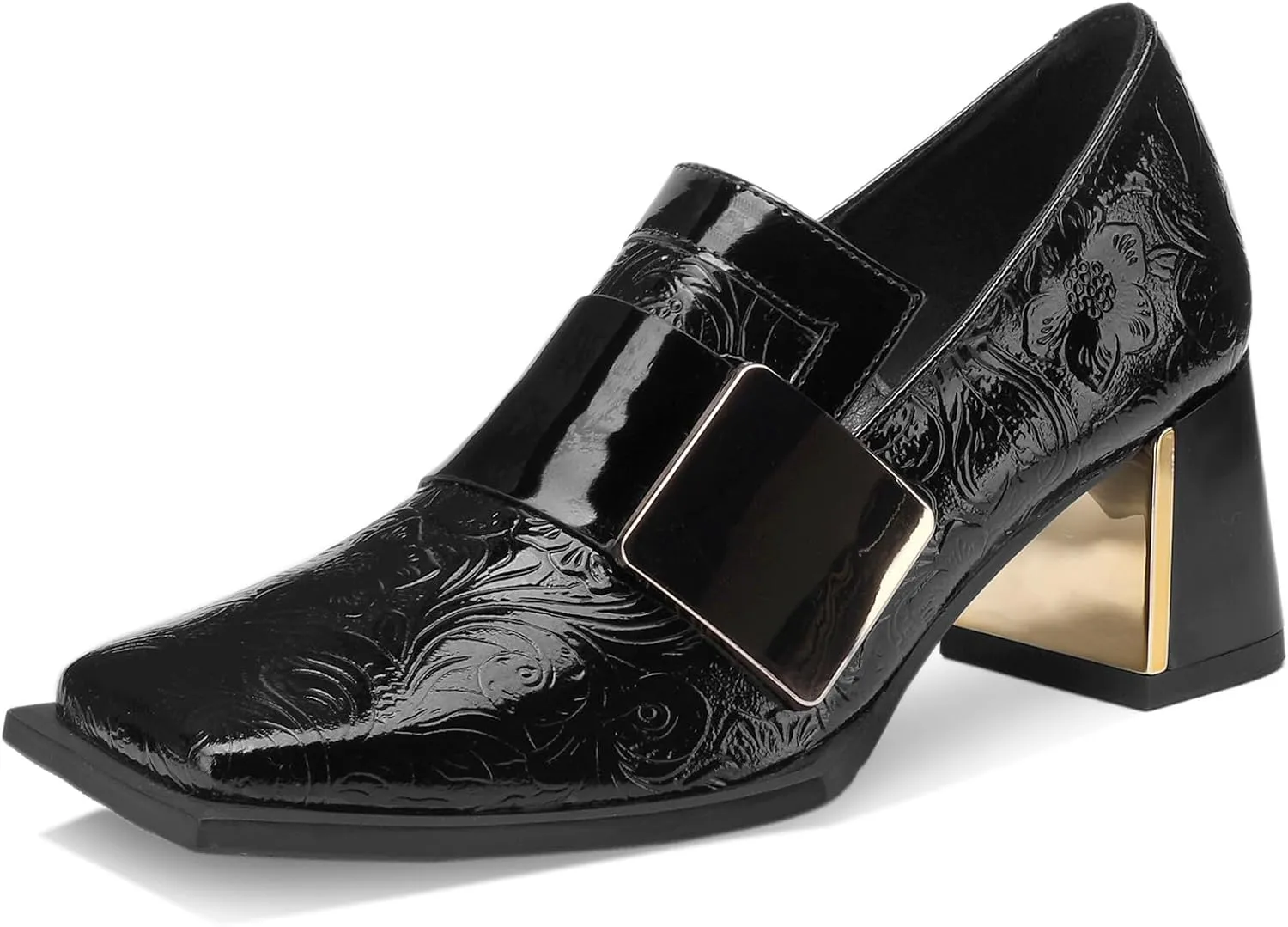 Loafers for Women Patent Leather Buckle Square Toe Chunky Block Dress Slip On Wide Casual Comfortable Dressy High Heels Ladies Comfort Moccasins Elegantes 2 Inch Shoes
