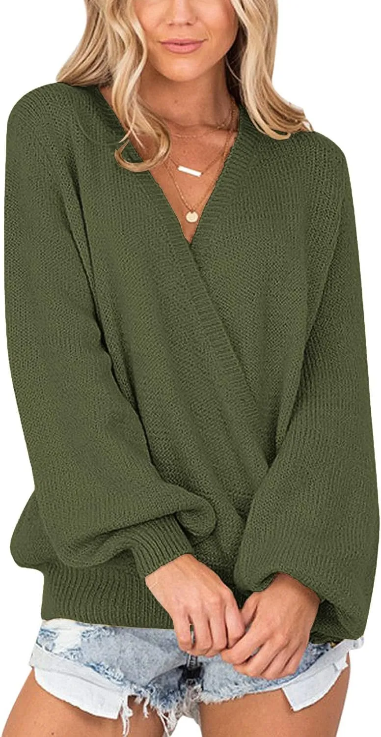 LookbookStore Women's Knit Long Sleeve Faux Wrap Surplice V Neck Sweater Top