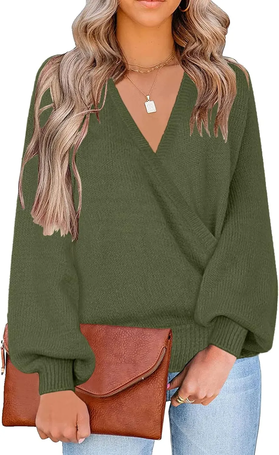 LookbookStore Women's Knit Long Sleeve Faux Wrap Surplice V Neck Sweater Top
