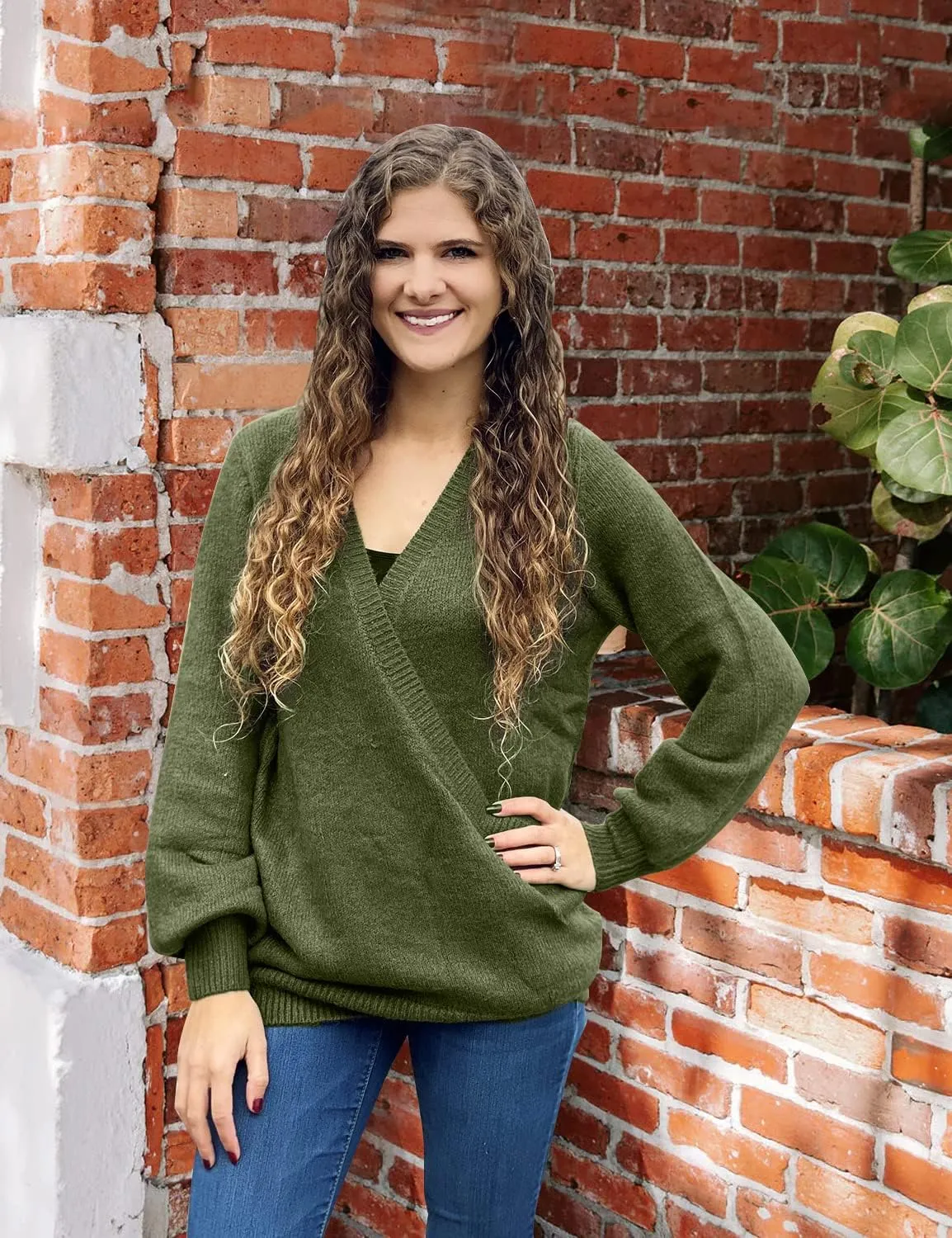 LookbookStore Women's Knit Long Sleeve Faux Wrap Surplice V Neck Sweater Top