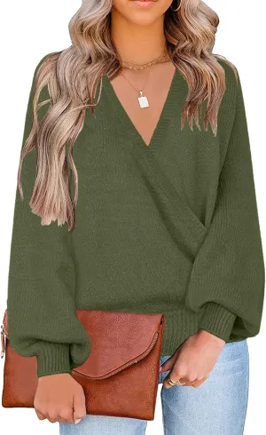 LookbookStore Women's Knit Long Sleeve Faux Wrap Surplice V Neck Sweater Top