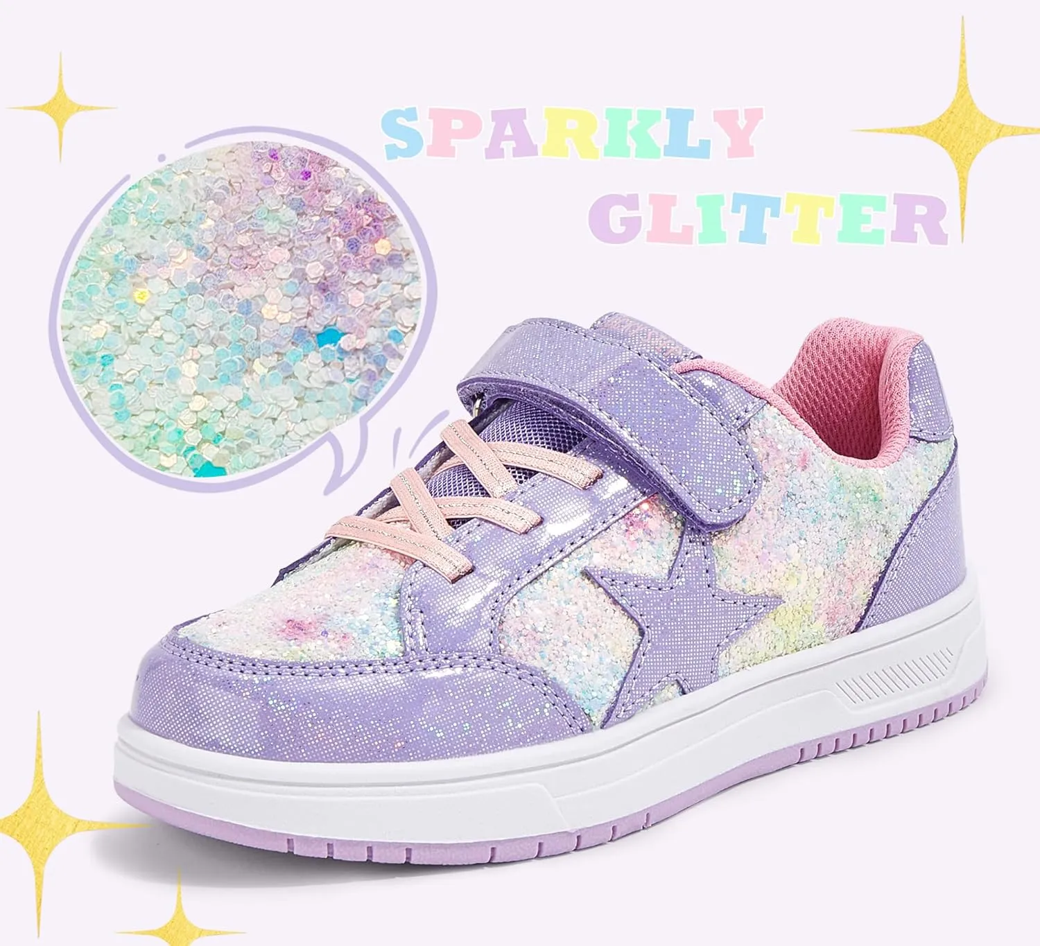 LUCKY STEP Kid's Glitter Walking Shoes Shiny Sparkly Sequins Fashion Sneakers Hook and Loop Athletic Unisex-Child Casual Running for Children/Boys/Girls