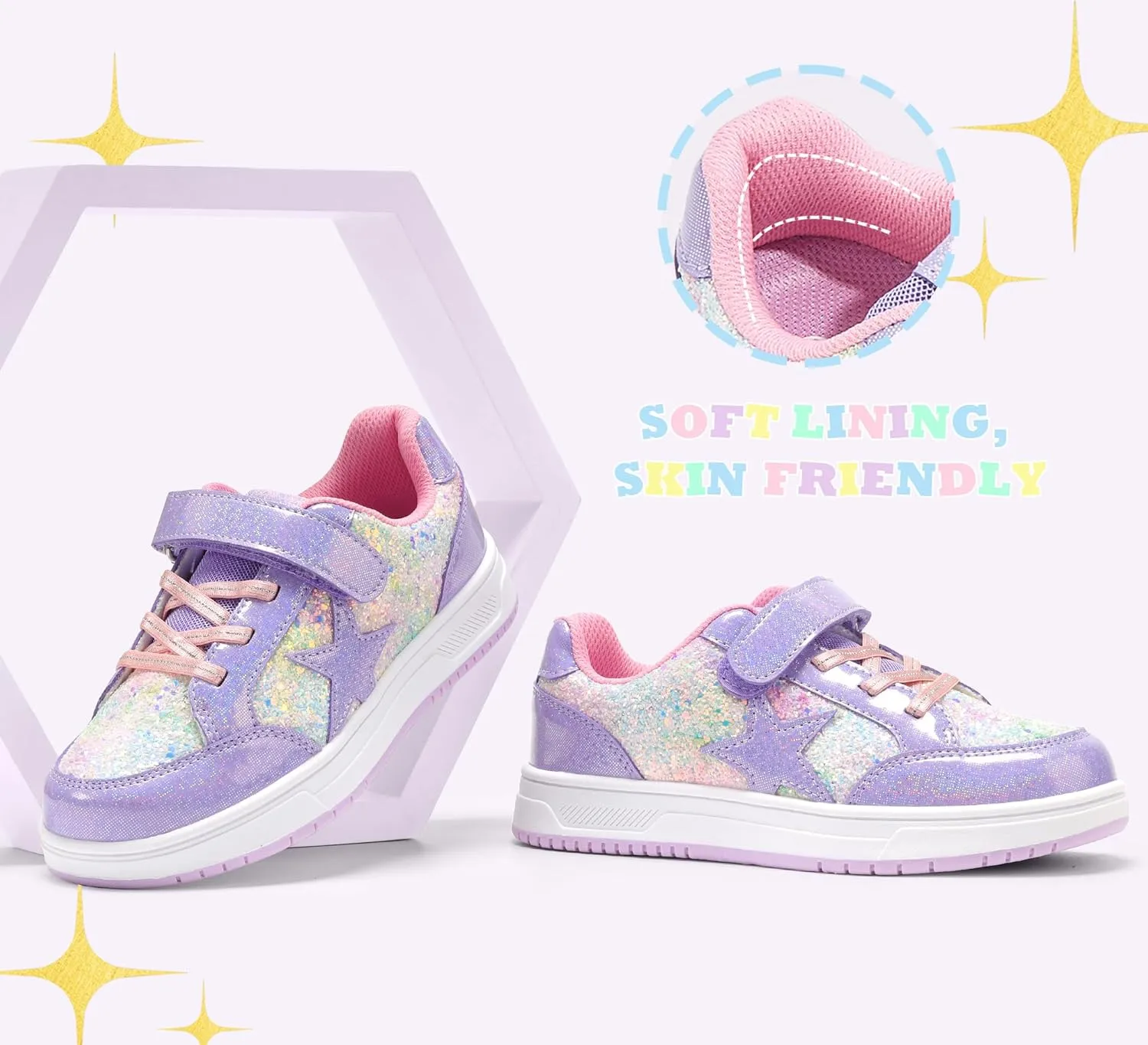 LUCKY STEP Kid's Glitter Walking Shoes Shiny Sparkly Sequins Fashion Sneakers Hook and Loop Athletic Unisex-Child Casual Running for Children/Boys/Girls